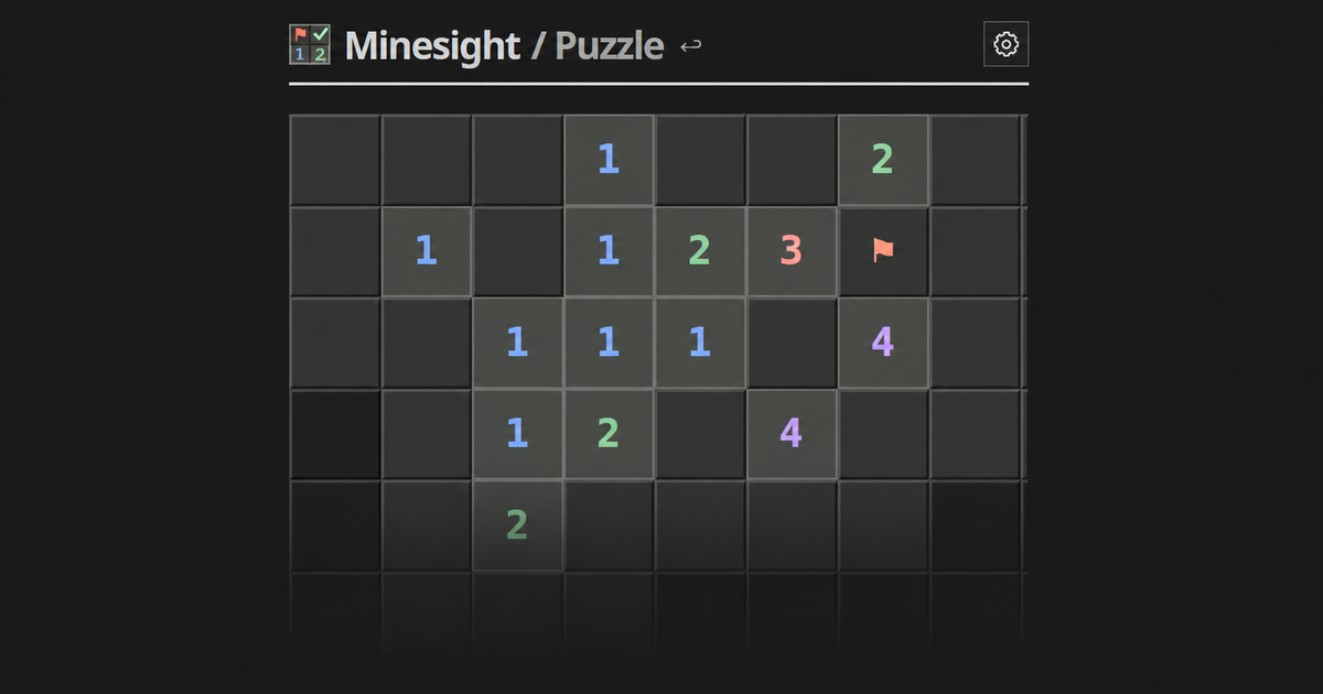 A dark Minesight puzzle board with colorful number clues and a marked mine.